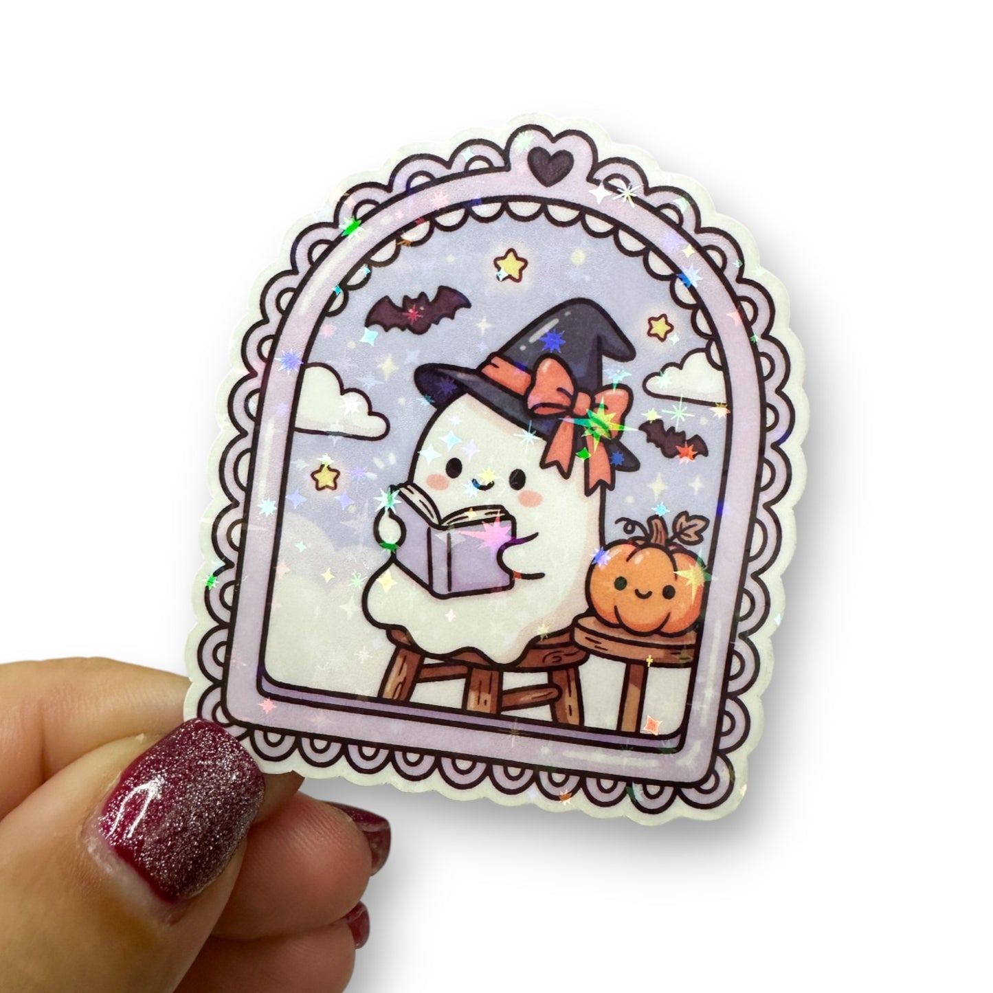 Witchy Ghost Reading Book Holographic Diecut Sticker