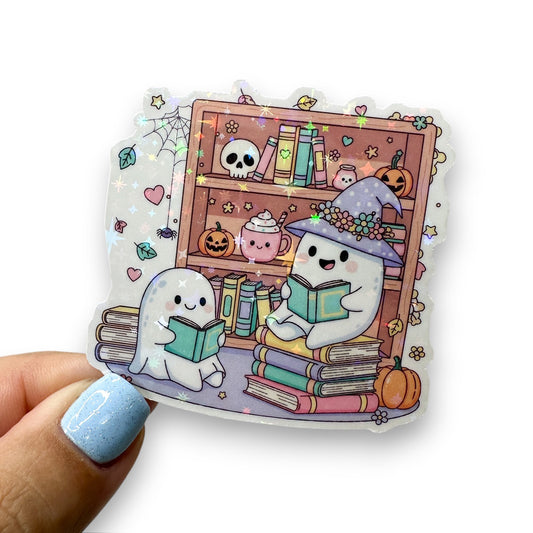 Ghost Duo Bookshelf Reading Holographic Diecut Sticker
