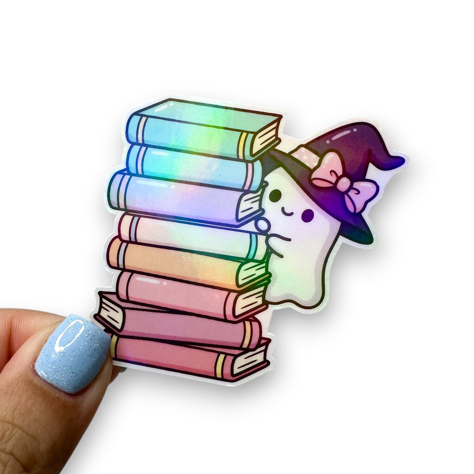Rainbow Book Stack Witch Ghost Holographic Diecut Sticker