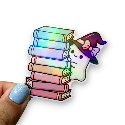 Rainbow Book Stack Witch Ghost Holographic Diecut Sticker