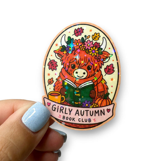 Highland Cow Autumn Book Club Holographic Diecut Sticker