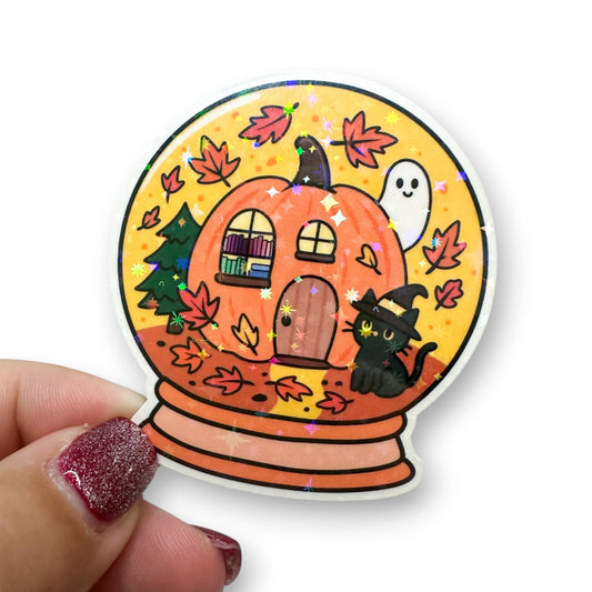Pumpkin House Snow Globe Holographic Diecut Sticker