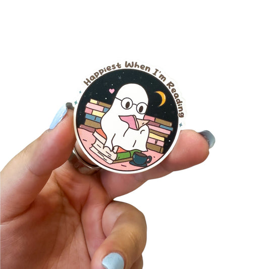 Happiest When I'm Reading Ghost Bookish Vinyl Diecut Sticker