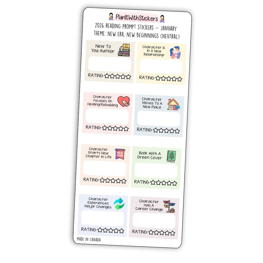 January 2026 - New Era, New Beginnings - Mini Reading Prompt Sticker Sheet (Rainbow or Neutral)