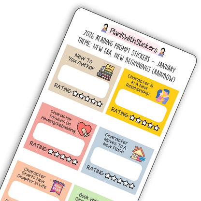 January 2026 - New Era, New Beginnings - Mini Reading Prompt Sticker Sheet (Rainbow or Neutral)