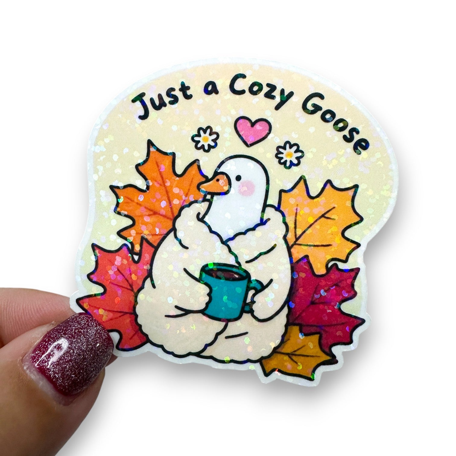 Just A Cozy Goose Autumn Mug Holographic Diecut Sticker