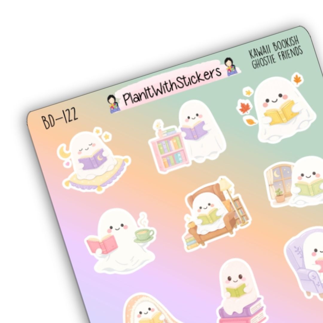 Kawaii Bookish Ghost Friends Sticker Sheet
