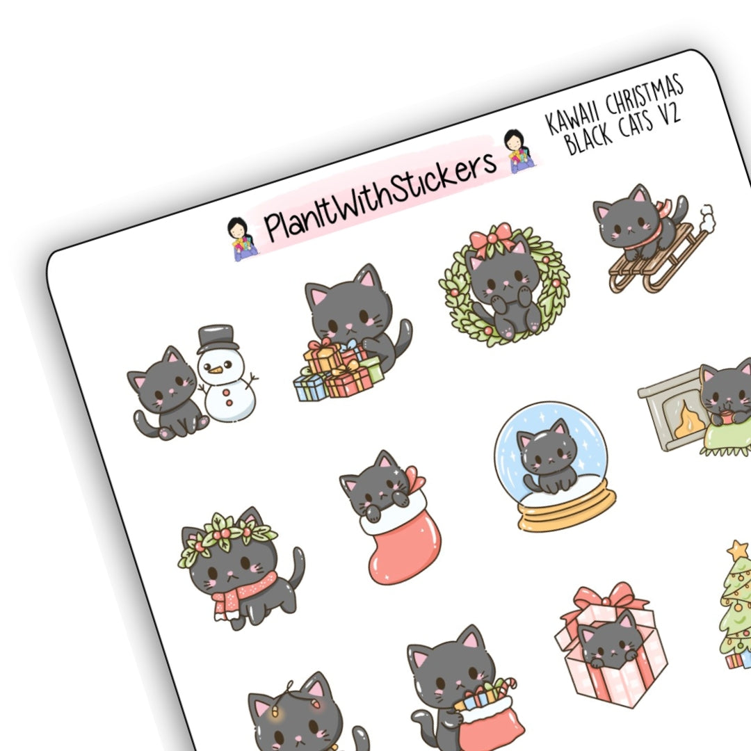 Kawaii Christmas Black Cat Journaling Stickers V2