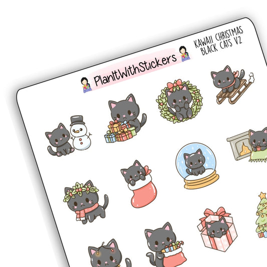 Kawaii Christmas Black Cat Journaling Stickers V2