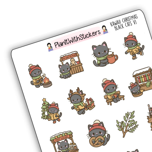 Kawaii Christmas Black Cat Journaling Stickers V1