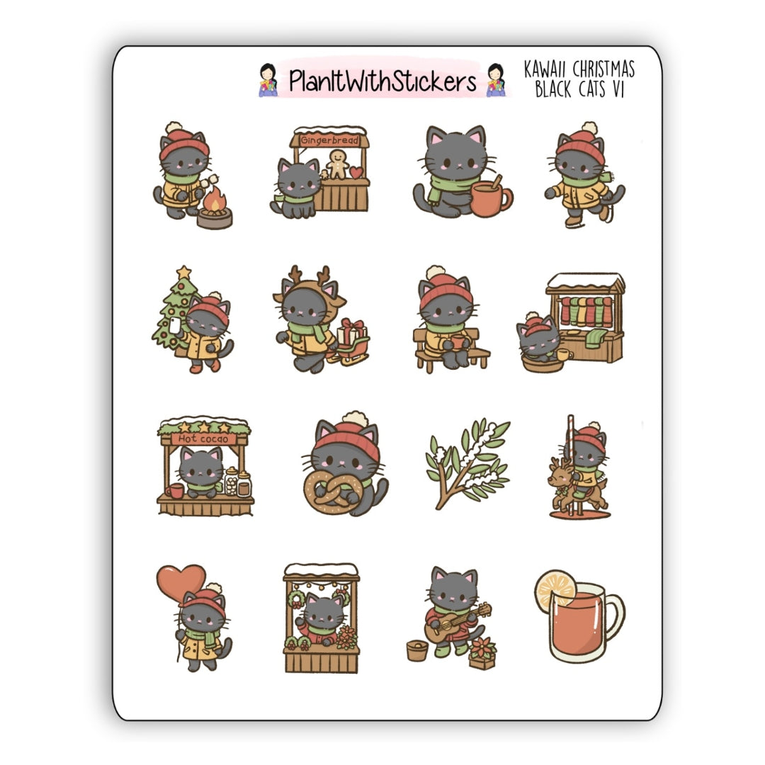 Kawaii Christmas Black Cat Journaling Stickers V1