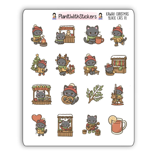 Kawaii Christmas Black Cat Journaling Stickers V1