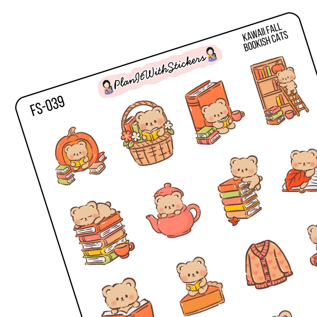 Kawaii Fall Bookish Bears Sticker Sheet