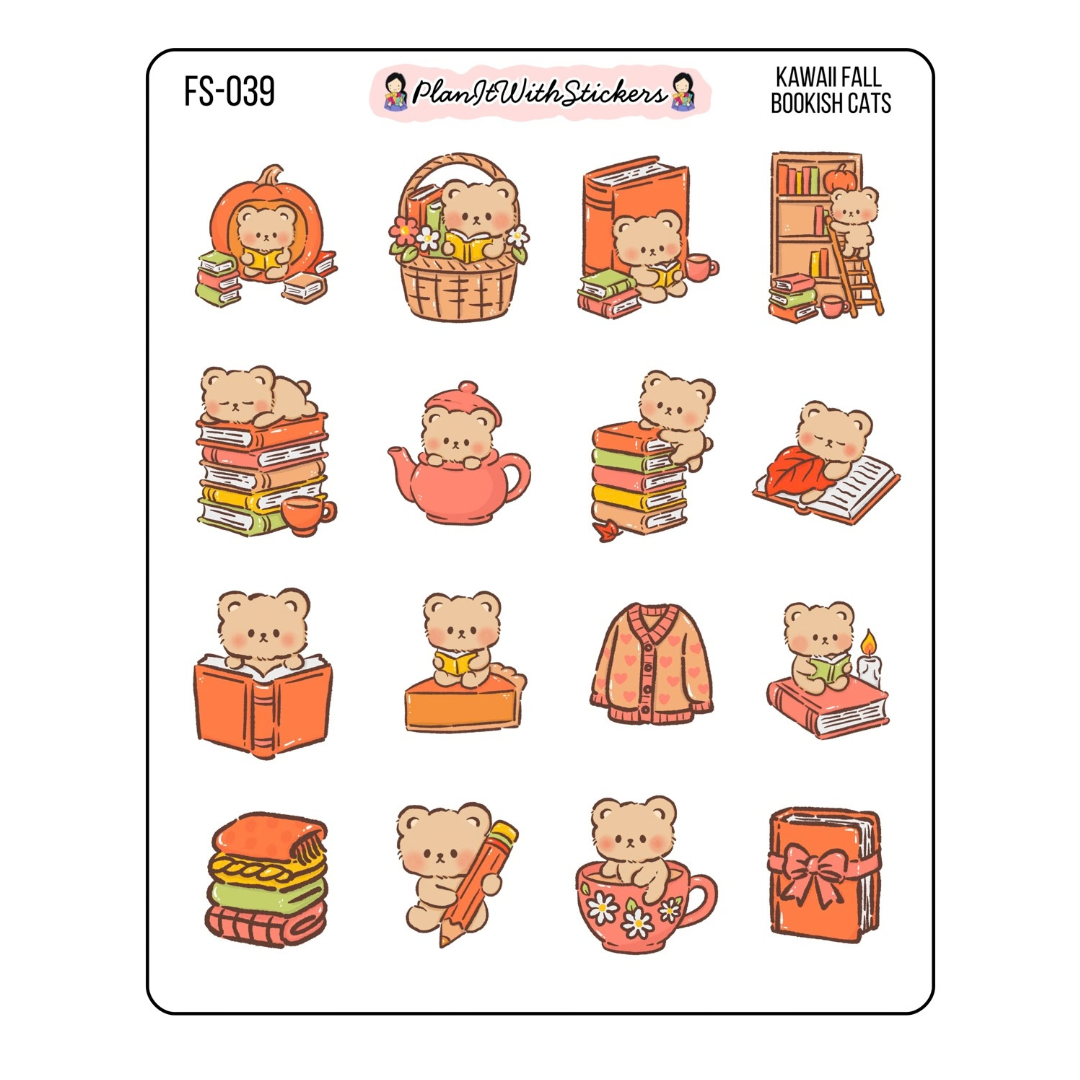 Kawaii Fall Bookish Bears Sticker Sheet