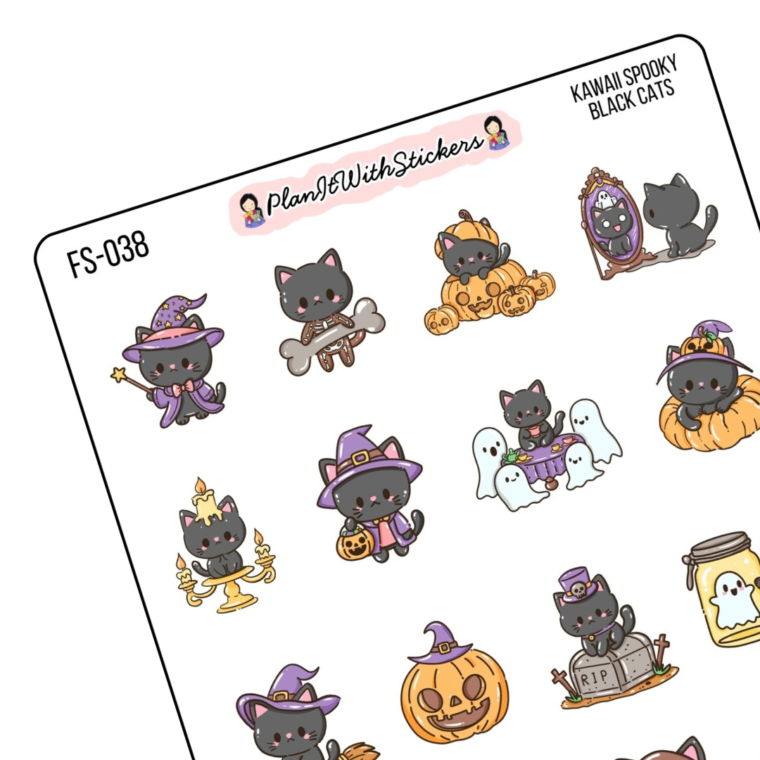 Kawaii Spooky Black Cats Sticker Sheet
