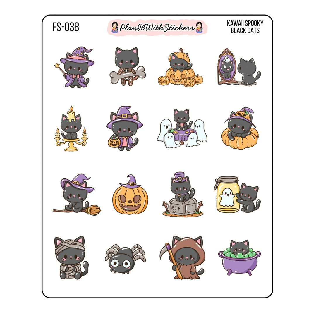 Kawaii Spooky Black Cats Sticker Sheet