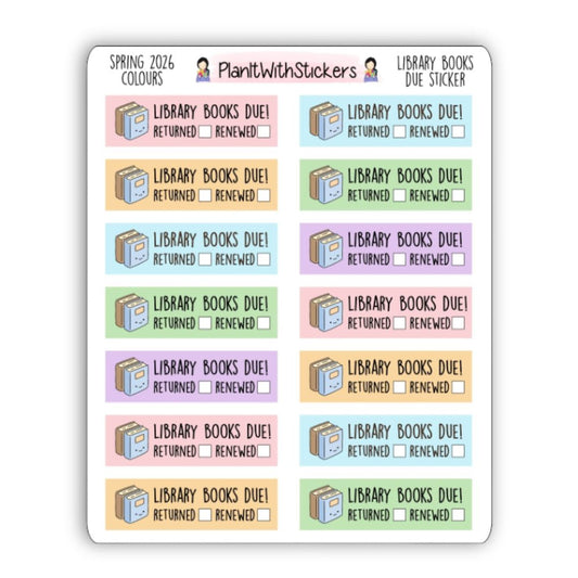 Library Books Due Reminder Sticker - Spring 2026 Colours