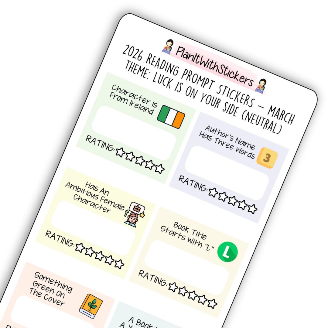 March 2026 – Luck Is On Your Side – Mini Reading Prompt Sticker Sheet (Rainbow or Neutral)