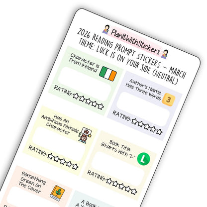 March 2026 – Luck Is On Your Side – Mini Reading Prompt Sticker Sheet (Rainbow or Neutral)