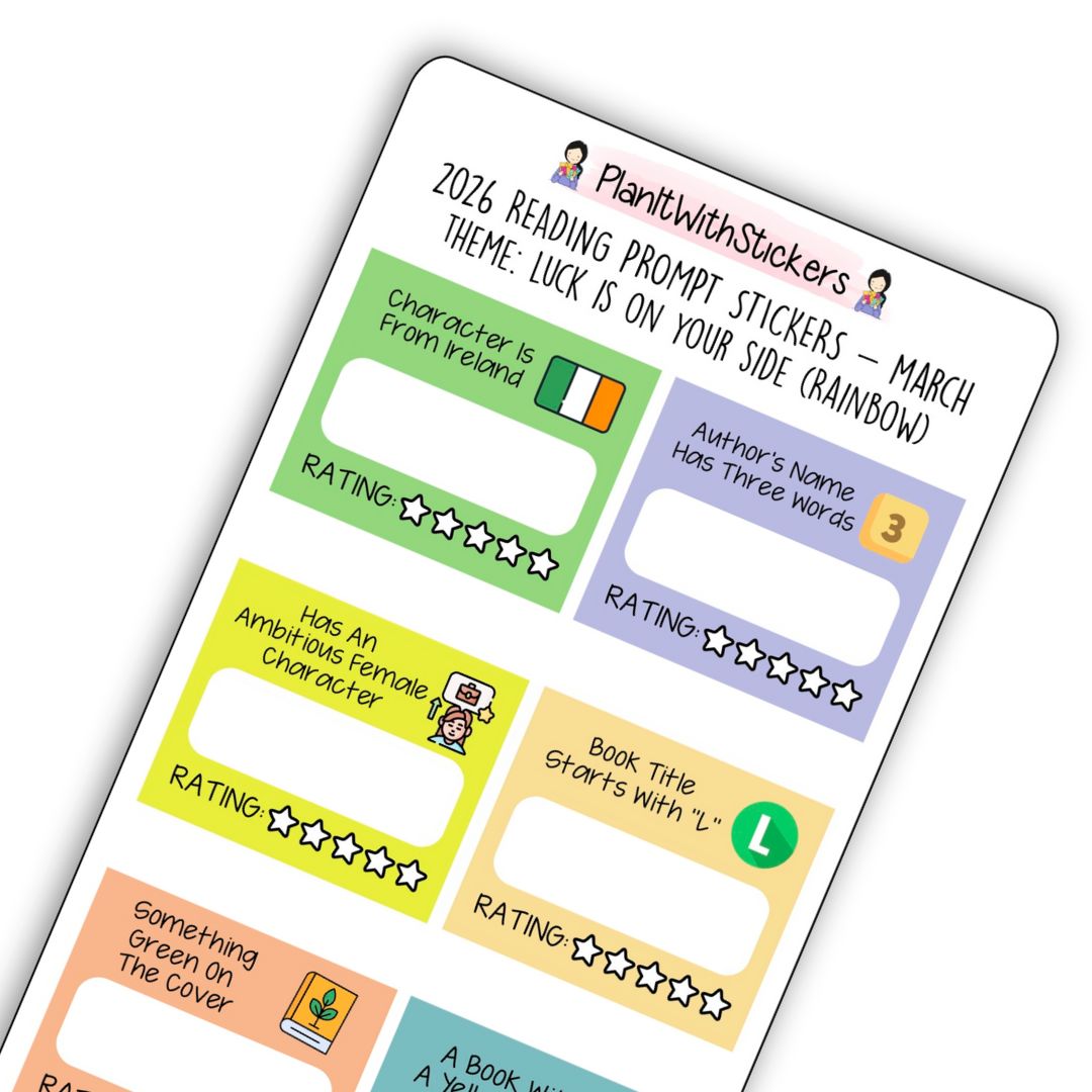 March 2026 – Luck Is On Your Side – Mini Reading Prompt Sticker Sheet (Rainbow or Neutral)
