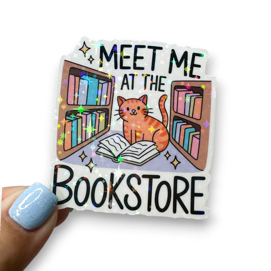 Meet Me At The Bookstore Cat Holographic Diecut Sticker