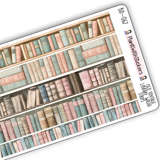 Close up view of vintage themed washi strip sticker sheet with 5 stickers, shown in old vintage bookshelf artwork.