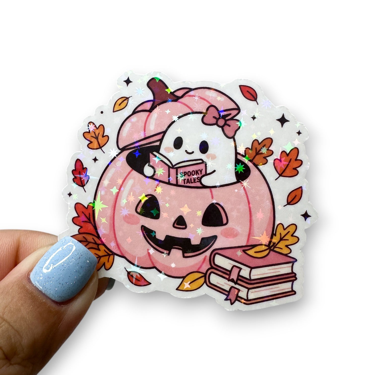Pink Ghost Pumpkin Spooky Tales Holographic Diecut Sticker