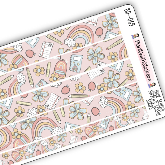 Close up view of pink school supplies themed washi strip sticker sheet with 5 stickers, with rainbow, paper, pencils, and backpack artwork on a pink background.