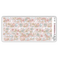 Full view of pink school supplies themed washi strip sticker sheet with 5 stickers, with rainbow, paper, pencils, and backpack artwork on a pink background.