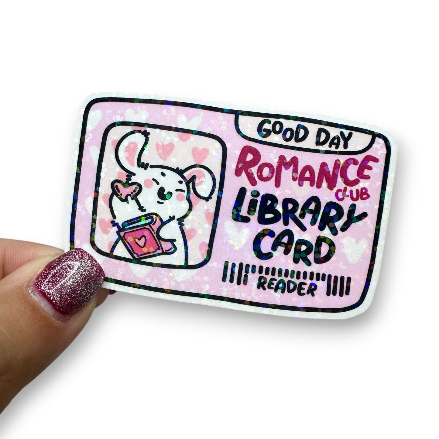 Romance Club Library Card Bunny Holographic Diecut Sticker