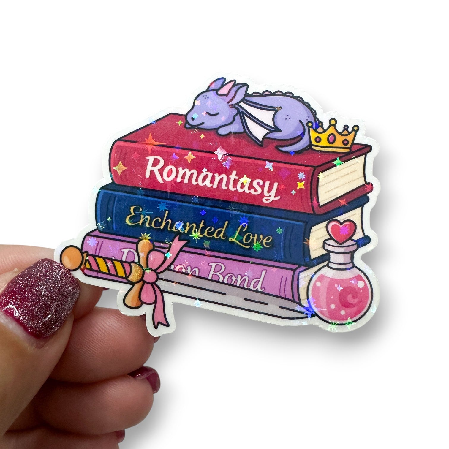 Romantasy Dragon Book Stack Holographic Diecut Sticker