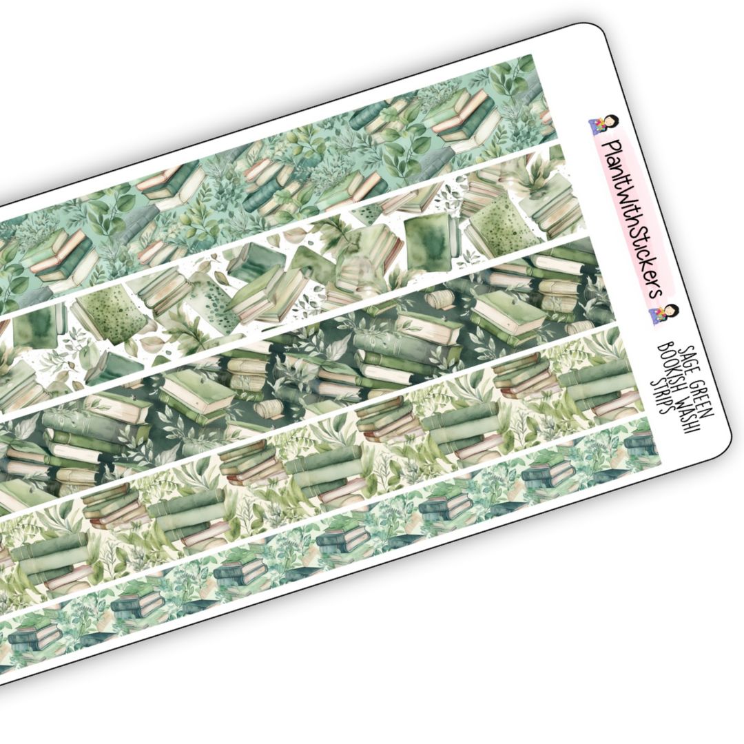 Sage Green Bookish Long Washi Strips
