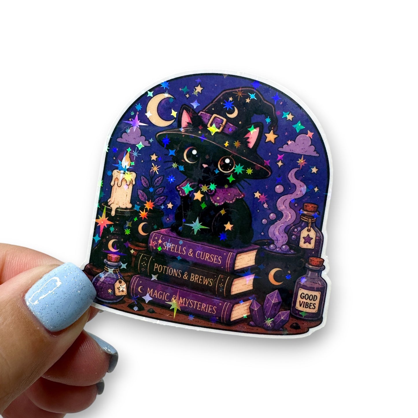 Witchy Black Cat Spell Books Holographic Diecut Sticker