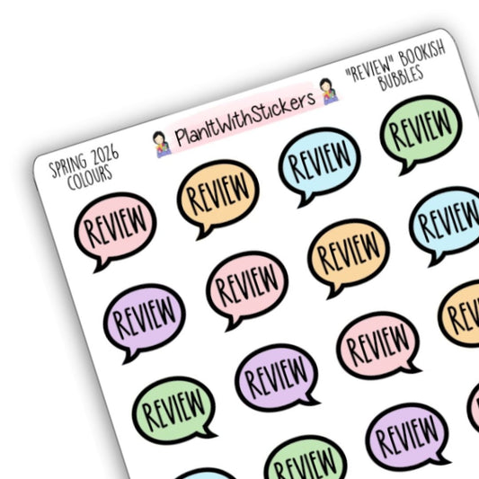 "Review" Bookish Bubbles Book Review Sticker - Spring 2026