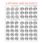 4 sticker sheets, speech bubble icons, with words Title, Author, Genre, and Format.