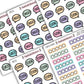 Close up of 5 sticker sheets, speech bubble icons, with words Started, Finished, Rating, Review, and star rating stickers. 