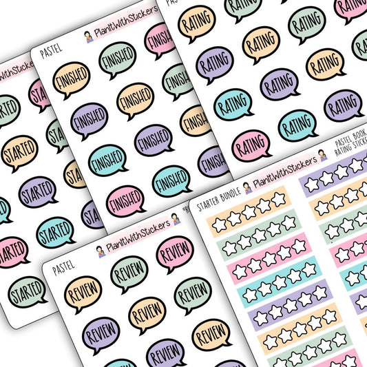 Close up of 5 sticker sheets, speech bubble icons, with words Started, Finished, Rating, Review, and star rating stickers. 