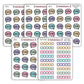 Full view of 5 sticker sheets, speech bubble icons, with words Started, Finished, Rating, Review, and star rating stickers. 