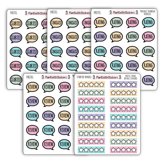Full view of 5 sticker sheets, speech bubble icons, with words Started, Finished, Rating, Review, and star rating stickers. 