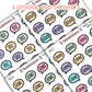 Close up of 4 sticker sheets, speech bubble icons, with words Title, Author, Genre, and Format.