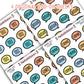 Close up of 4 sticker sheets, speech bubble icons, with words Title, Author, Genre, and Format.