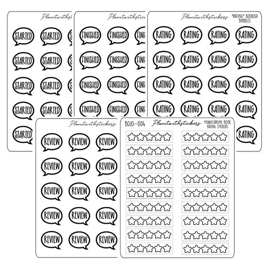 Full view of 5 sticker sheets, speech bubble icons, with words Started, Finished, Rating, Review, and star rating stickers. 