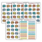 Full view of 5 sticker sheets, speech bubble icons, with words Started, Finished, Rating, Review, and star rating stickers. 