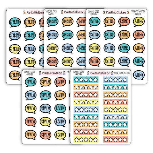 Full view of 5 sticker sheets, speech bubble icons, with words Started, Finished, Rating, Review, and star rating stickers. 