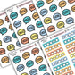 Close up of 5 sticker sheets, speech bubble icons, with words Started, Finished, Rating, Review, and star rating stickers. 