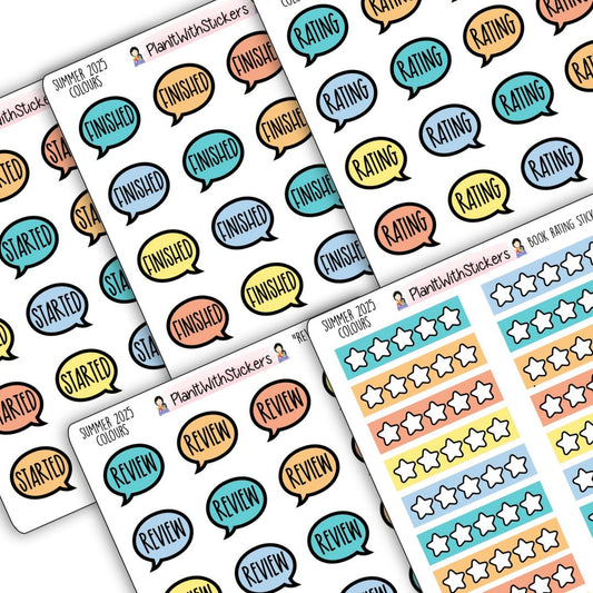 Close up of 5 sticker sheets, speech bubble icons, with words Started, Finished, Rating, Review, and star rating stickers. 