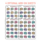 4 sticker sheets, speech bubble icons, with words Title, Author, Genre, and Format.