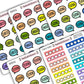 Close up of 5 sticker sheets, speech bubble icons, with words Started, Finished, Rating, Review, and star rating stickers. 