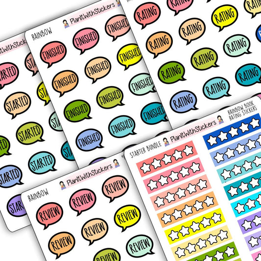 Close up of 5 sticker sheets, speech bubble icons, with words Started, Finished, Rating, Review, and star rating stickers. 