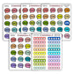 Full view of 5 sticker sheets, speech bubble icons, with words Started, Finished, Rating, Review, and star rating stickers. 